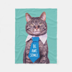 "BE AWESOME!" Cat in Blue Tie, or Your Message Fleece Blanket