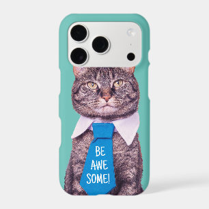 "BE AWESOME!" Cat in Blue Tie, Teal, Your Message