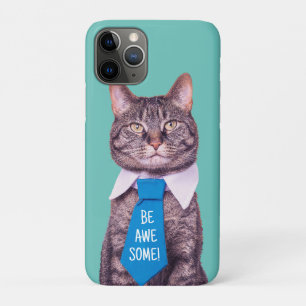 "BE AWESOME!" Cat in Blue Tie, Teal, Your Message Case-Mate iPhone Case