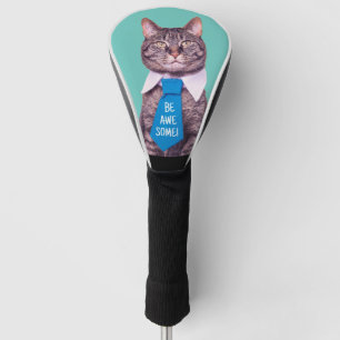 "BE AWESOME!" Cat in Blue Tie, Teal, Your Message Golf Head Cover