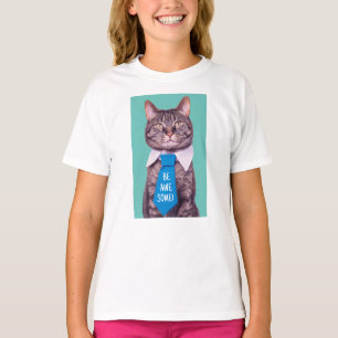 "BE AWESOME!" Cat in Blue Tie, Teal, Your Message T-Shirt