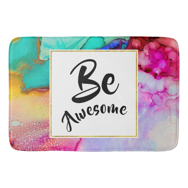 Be Awesome Pink and Turquoise Abstract Watercolor Bath Mat (Front)