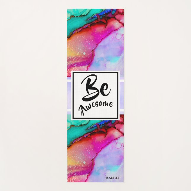 Be Awesome Pink and Turquoise Abstract Watercolor Yoga Mat (Front)