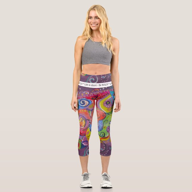 Be Bold Abstract eggplant and colour swirl paintin Capri Leggings (Front)