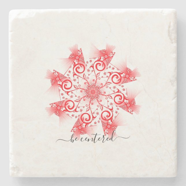 Be centred red mandala fractal line doodle stone coaster (Front)