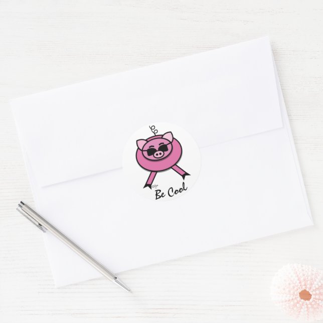 "Be Cool" Pink Pig w/Sunglasses Round Sticker (Envelope)