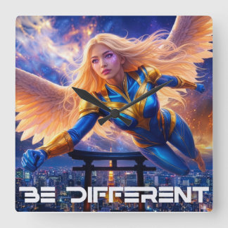 BE DIFFERENT - Female Angel Hero Above Tokyo Square Wall Clock