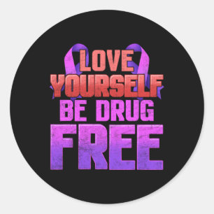 Be Drug Free Love Yourself Purple Ribbon Classic Round Sticker