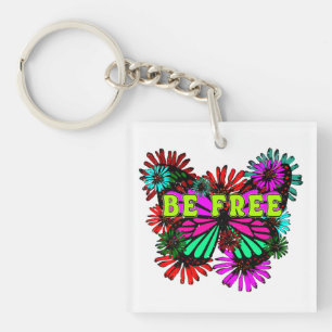 Be Free - Colorful Butterfly And Flowers Hippie Key Ring