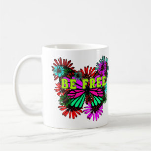 Be Free - Colourful Butterfly And Flowers Hippie Coffee Mug