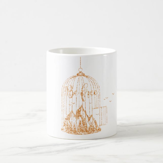 Be Free Rose Gold Bird Cage Mountain Copper Fly Coffee Mug (Center)