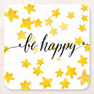 Be Happy 3 Square Paper Coaster