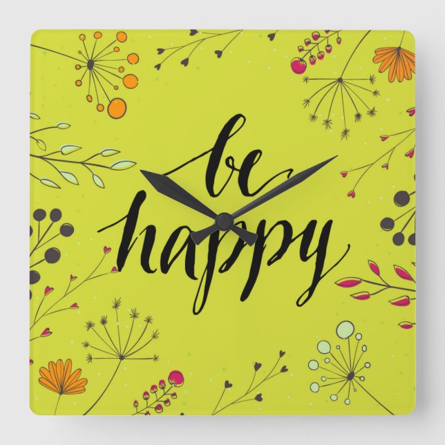 Be Happy 5 Square Wall Clock (Front)
