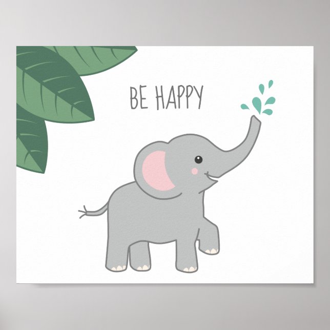 Be Happy Baby Elephant Baby Shower or Nursery Poster (Front)