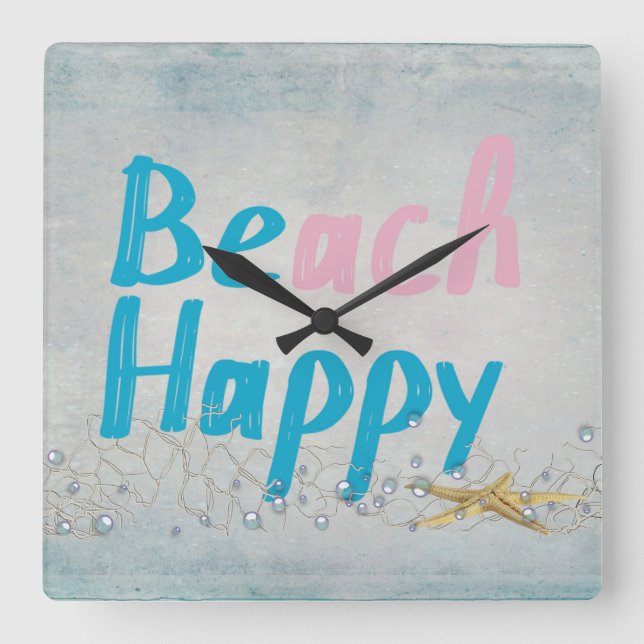 be happy-beach and starfish square wall clock (Front)