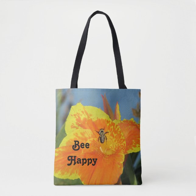 Be Happy Bee Pun Bright Orange Flower Photo Floral Tote Bag (Front)