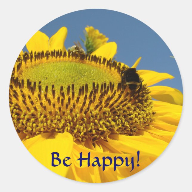 Be Happy! button Summer Sunflower Bumblebee Classic Round Sticker (Front)