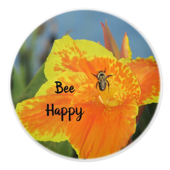 Be Happy Canna Lily Photo Bee Pun Pretty Flower Ceramic Knob (Front)