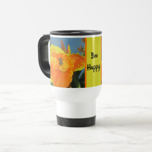 Be Happy Cheerful Bee Pun Yellow Orange Flower Travel Mug