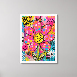 Be Happy Colourful Flower Pop Art Canvas Print