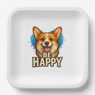 Be Happy Corgi Cute Dog Lover Design for Positive Paper Plate