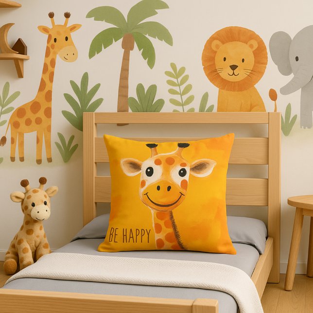 Be Happy Giraffe Yellow Orange Kids Motivational  Cushion (Creator Uploaded)