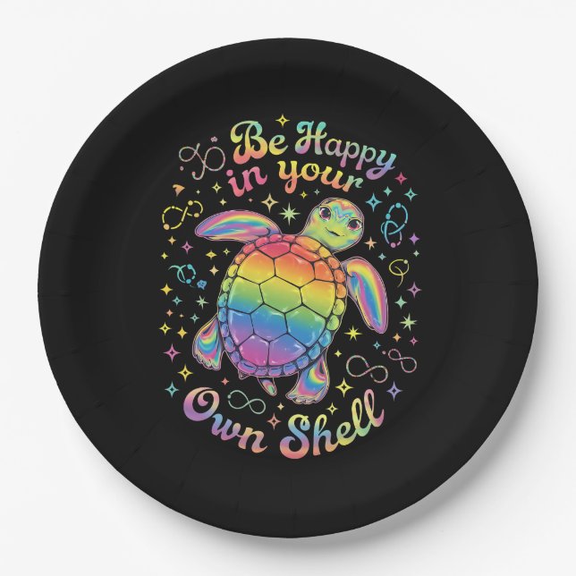 Be Happy In Your Own Shell Rainbow Turtle Autism Paper Plate (Front)