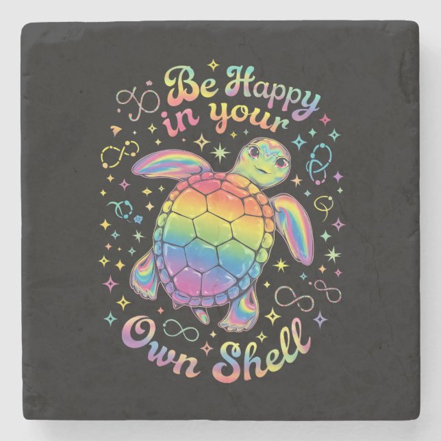 Be Happy In Your Own Shell Rainbow Turtle Autism Stone Coaster (Front)