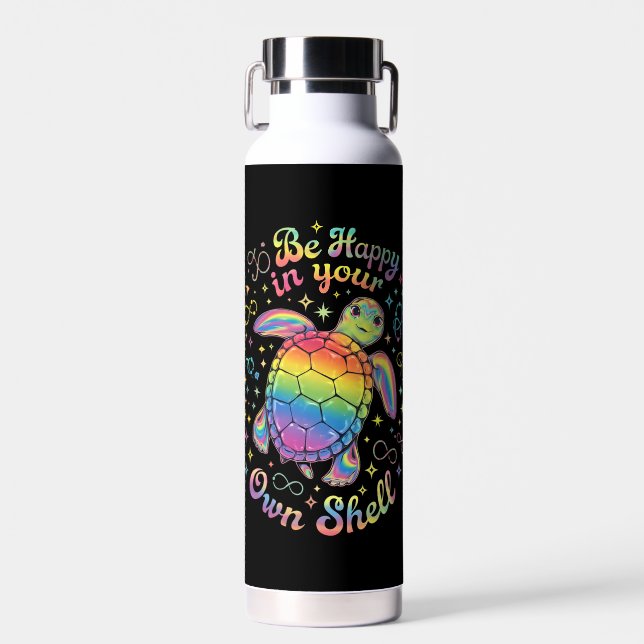 Be Happy In Your Own Shell Rainbow Turtle Autism Water Bottle (Front)
