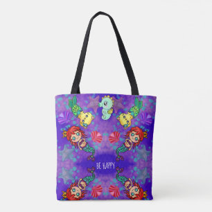 Be Happy Mermaid with Cute Cat and Ocean Sun Tote Bag
