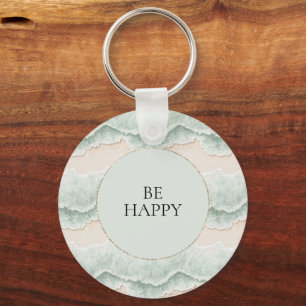 Be Happy Mint Circle Beach Aqua Waves Key Ring