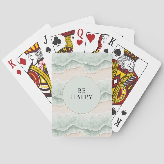 Be Happy Mint Circle Beach Aqua Waves Playing Cards (Back)
