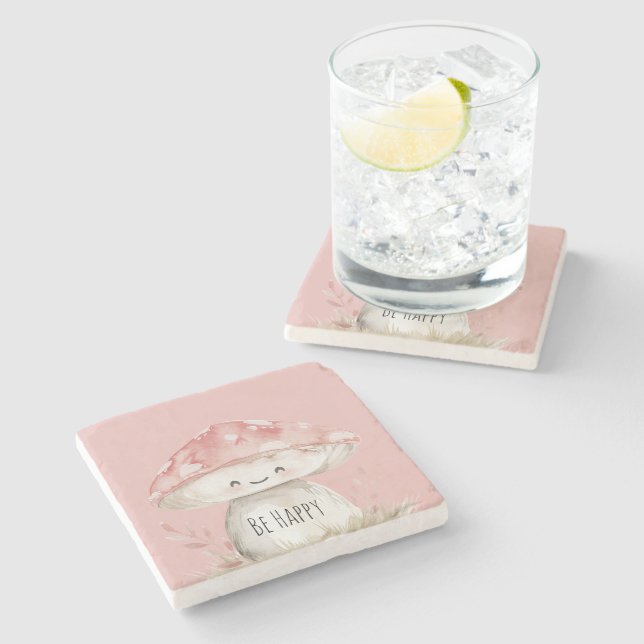 Be Happy Mushroom Stone Coaster (Side)