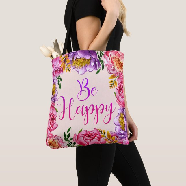 Be Happy Peony Tote Bag (Close Up)