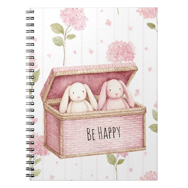 Be Happy Pink Flowers Bunnies in a Box Notebook (Front)