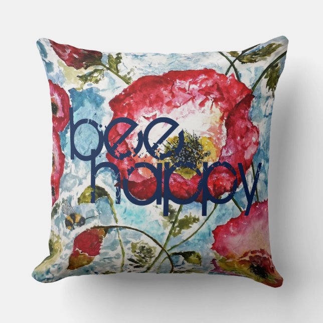 Be Happy Poppies Watercolor Art Pillow (Front)