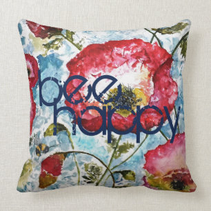 Be Happy Poppies Watercolor Art Pillow