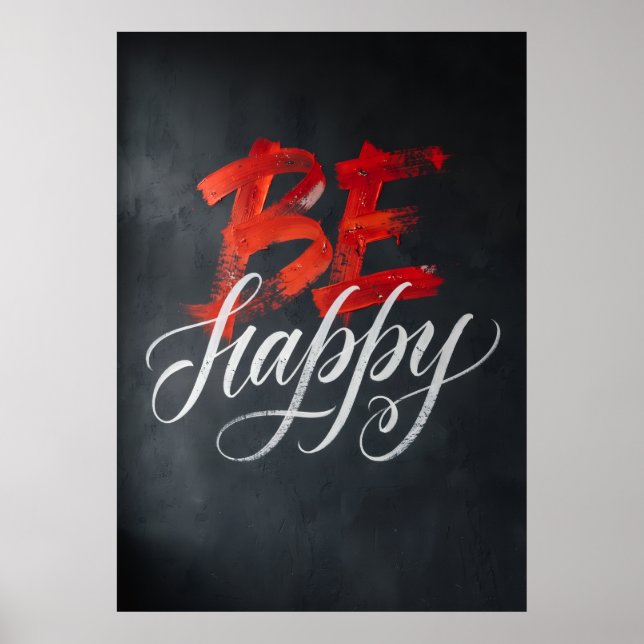 Be Happy Red White Typography Motivational Art Poster (Front)