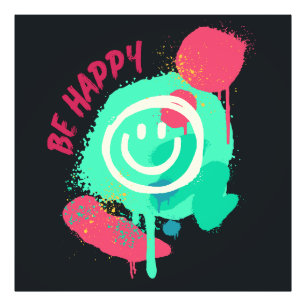 Be Happy Smiley Mint & Pink Graffiti Street Art Photo Print