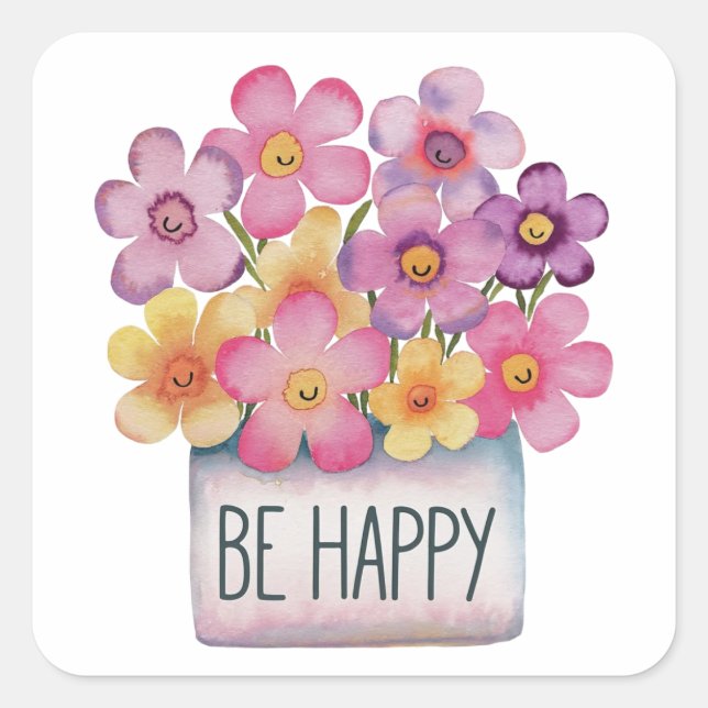 Be Happy Square Sticker (Front)