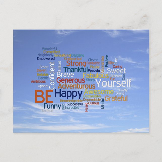 Be Happy Word Cloud in Blue Sky Inspire Postcard (Front)