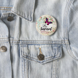 Be Inspired Quote & Pink Butterfly Vintage Collage 6 Cm Round Badge