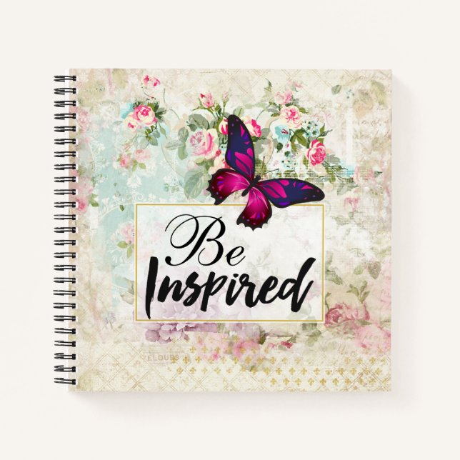 Be Inspired Quote & Pink Butterfly Vintage Collage Notebook (Front)