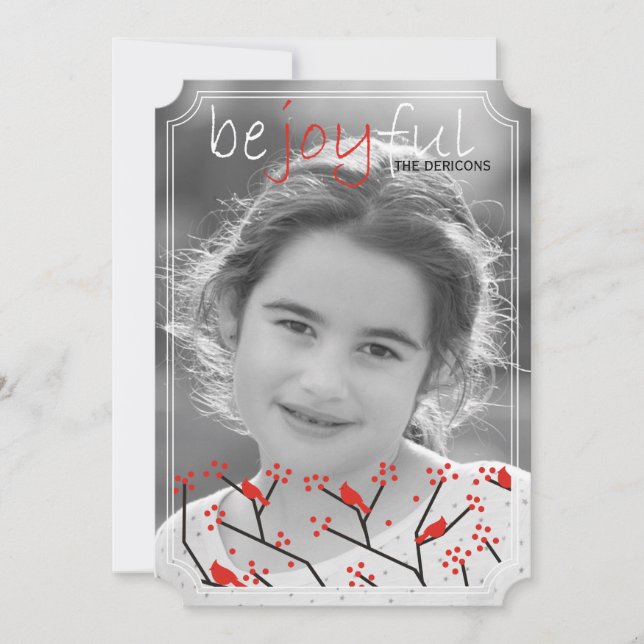 “Be joyful” cardinals and berries Christmas photo Holiday Card (Front)