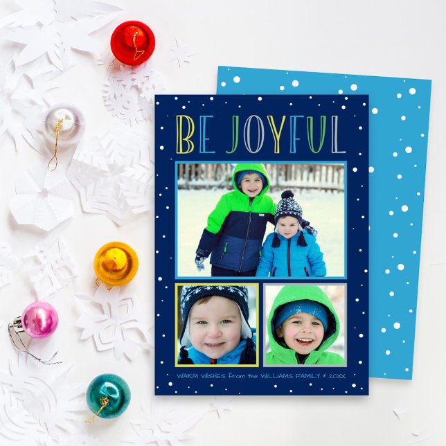 Be Joyful Colourful Snowfall Photo Collage Holiday Card (Creator Uploaded)
