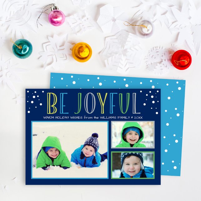 Be Joyful Photo Collage Snow Dot Back Holiday Card (Creator Uploaded)