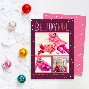 Be Joyful Pink Snowfall Photo Collage Holiday Card