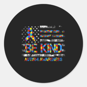 Be kind autism awareness american usa flag men classic round sticker