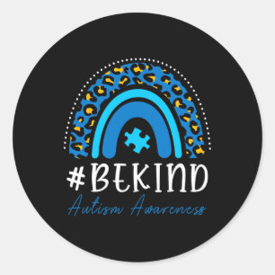 Be Kind Autism Awareness Women Girls Leopard Rainb Classic Round Sticker