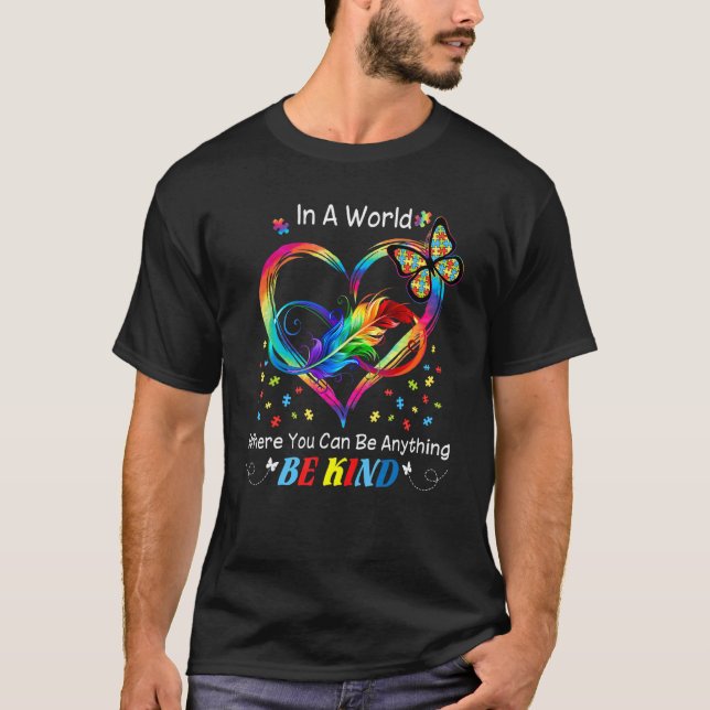 Be Kind Autism Butterfly Puzzle Infinity Heart Fea T-Shirt (Front)